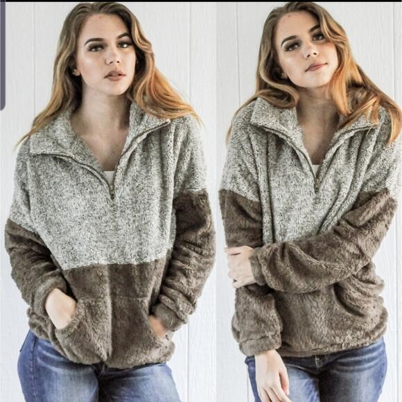 Blue B quarter zip kangaroo pocket pullover teddy 2 tone brown small - Picture 5 of 5